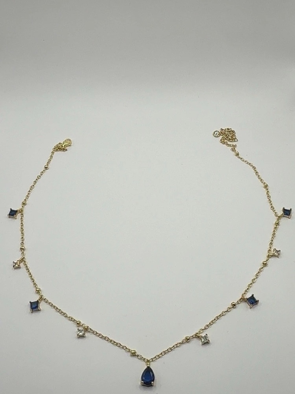 14K Gold Plated CZ Choker Necklace Blue Sapphire Tear Drop Charm Dangle